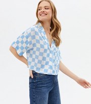 New Look Blue Checkerboard Revere Collar Crop Shirt